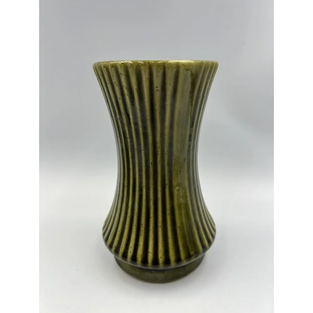 Vintage UPCO Ribbed Green Vase Mid Century Modern Farmhouse Decor Pottery